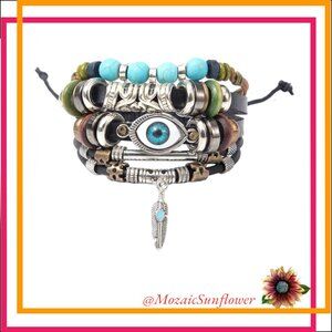 Leather 5 Adjustable Bracelets Evil Eye Nazar Turquoise Feather & Charms NWT